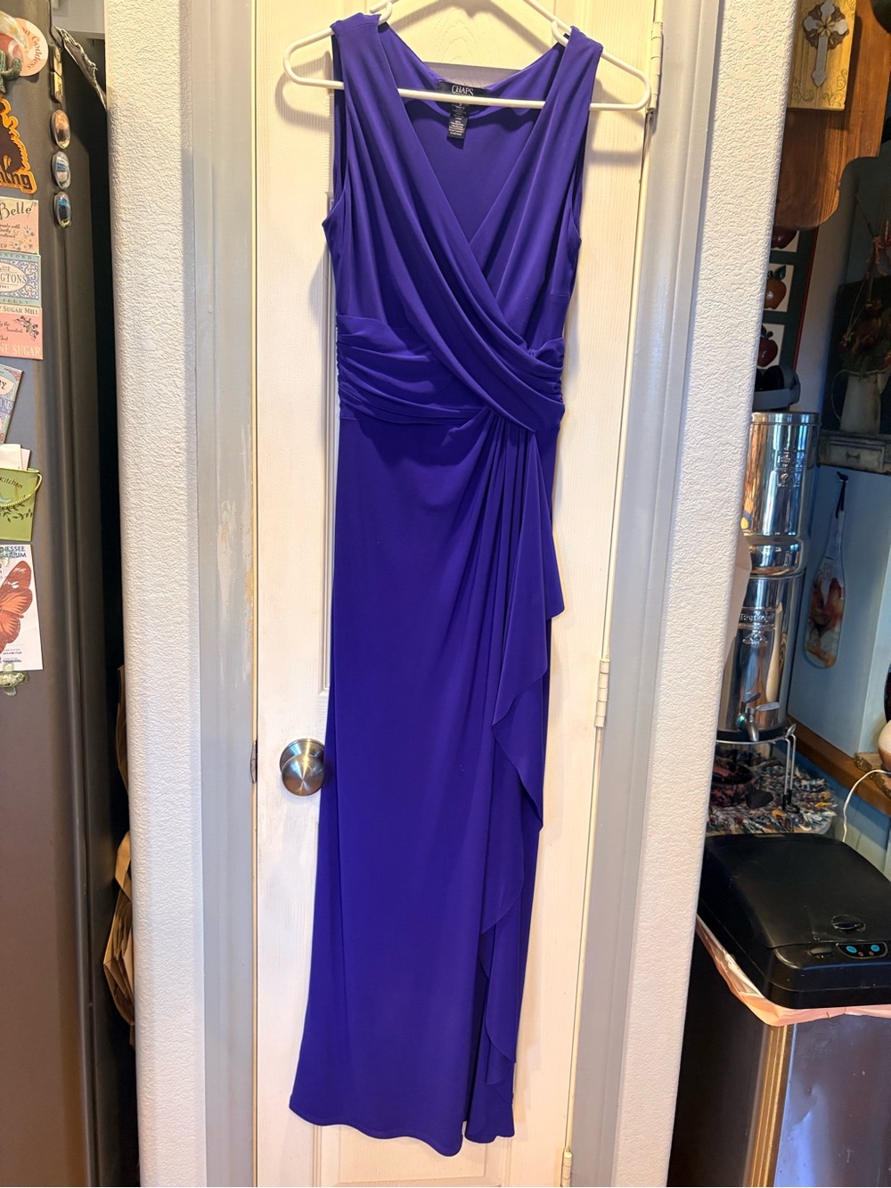 Chaps Royal Purple Sleeveless Maxi Dress with Draped Side Ruffle